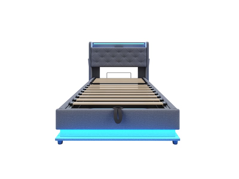  Lit enfant 90x200 cm en tissu gris, led multicolore, usb, tête de lit rabattable et coffre hydraulique  - Conforama A