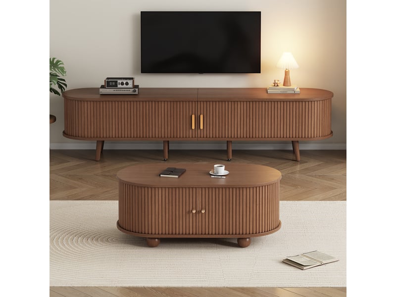 Ensemble meuble tv avec table basse 2 pièces en mdf effet noyer, rangement pour salon au design moderne  - Conforama B