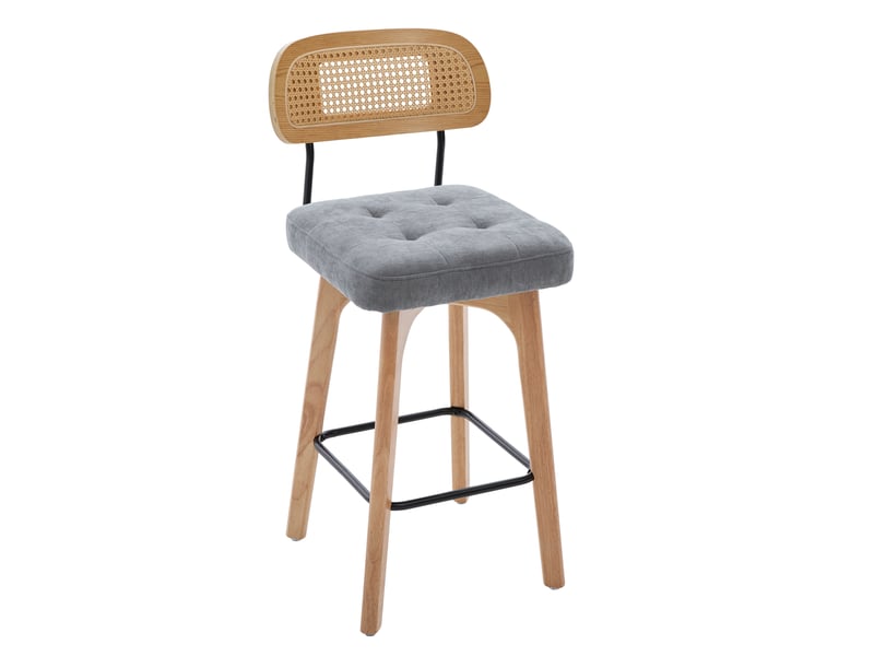  Lot de 2 tabourets de bar pivotants 360° en chenille grise et rotin 51x44x96 cm  - Conforama D
