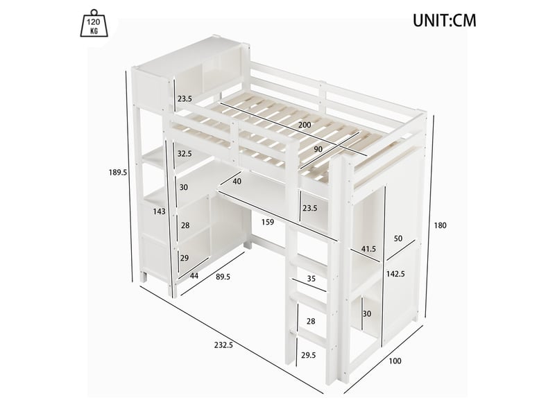 Lit mezzanine,90 x 200 cm,avec étagères, multiples compartiments de rangement, bureau et armoire, blanc - Conforama C