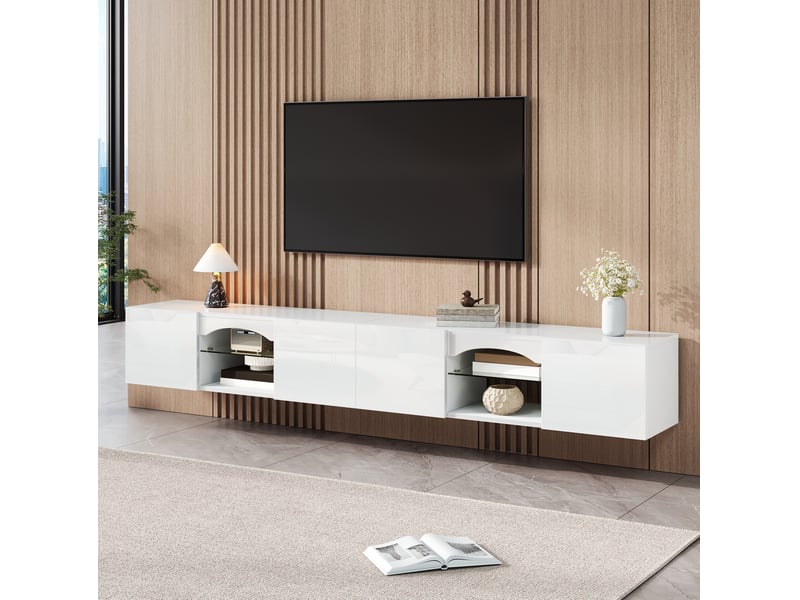 Meuble tv avec led pilotée par application, 4 portes, 2 niches ouvertes et étagères en verre blanc 200 × 30 × 28 cm - Conforama D