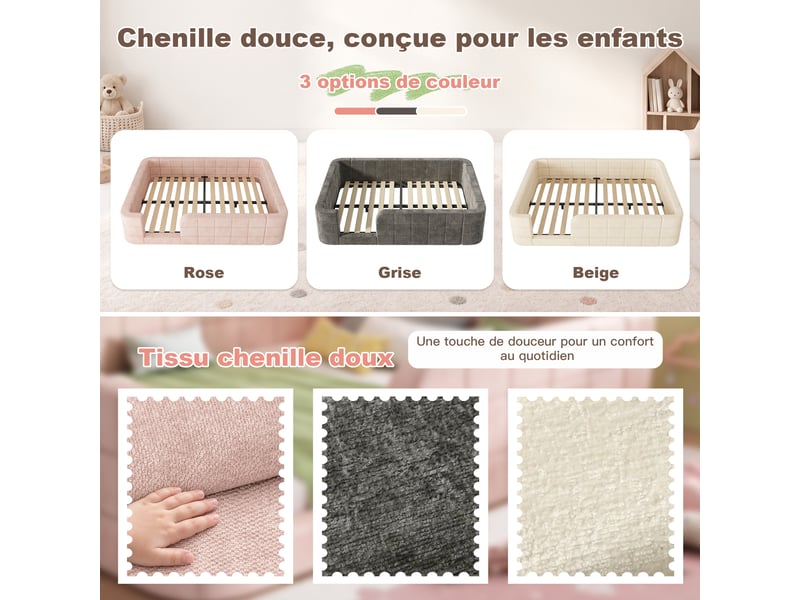 Lit au sol enfant 140x200 cm, lit rembourré, sommier à lattes, entrée basse adaptée aux enfants, couchage confortable pour 2 personnes, chenille rose CozyNest - Conforama E