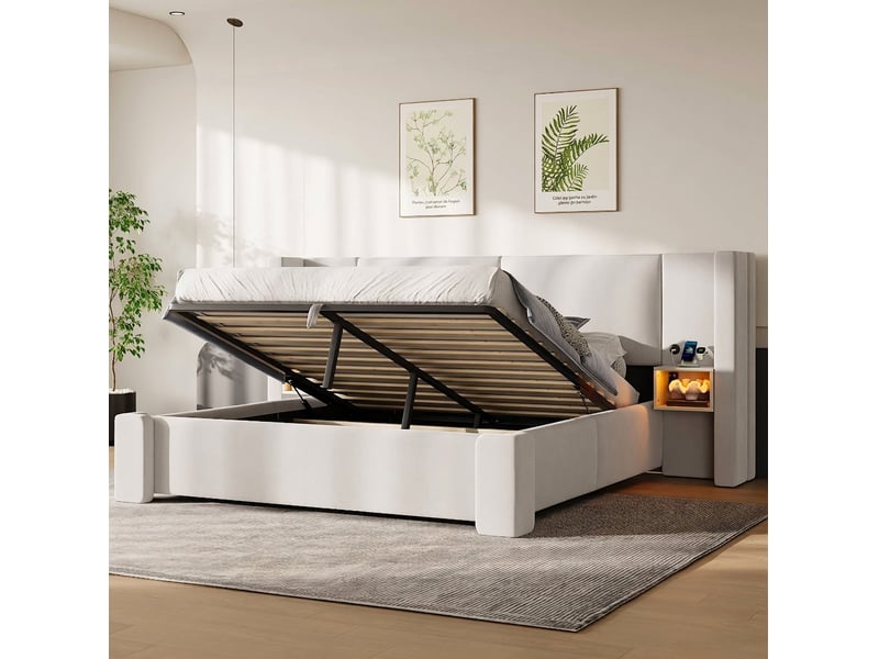  Lit coffre 140x200 beige capitonné avec led et rangement intégré sans matelas  - Conforama D