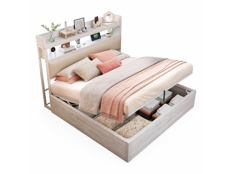  Lit coffre 180 x 200 cm avec relevage hydraulique, tête de lit usb blanche  - Conforama A