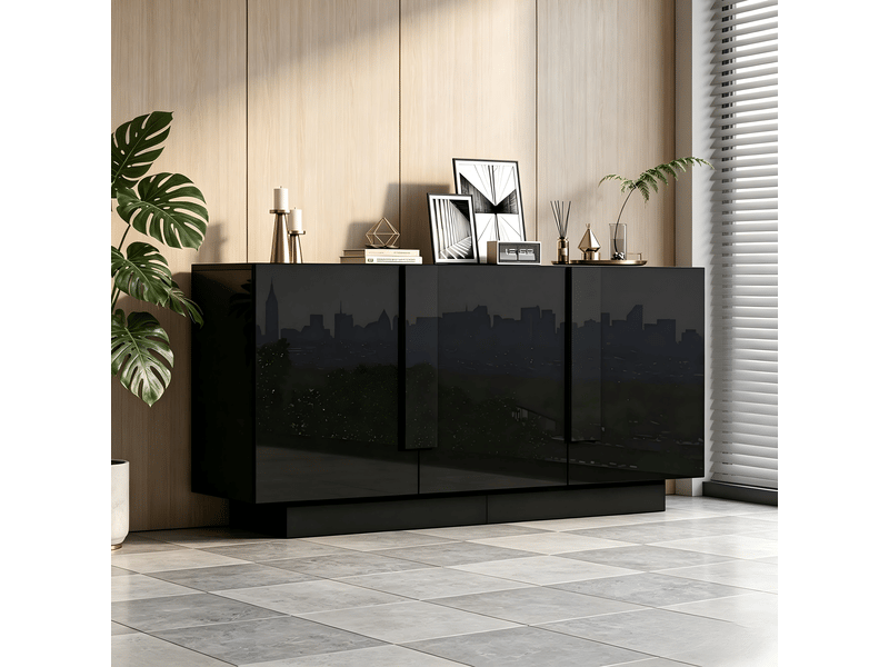  Buffet noir brillant 3 portes, meuble de rangement 160 x 35 x 60 cm avec 6 compartiments et étagères réglables  - Conforama B