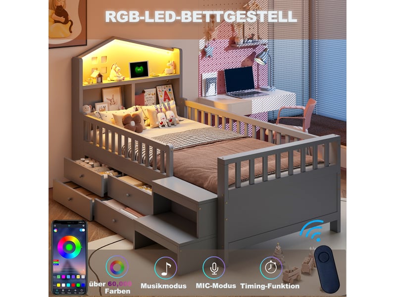 Lit simple 90x200 cm, lit enfant, tiroirs, marche latérale, led, charge, rangement, sommier, pin, gris, sans matelas - Conforama E