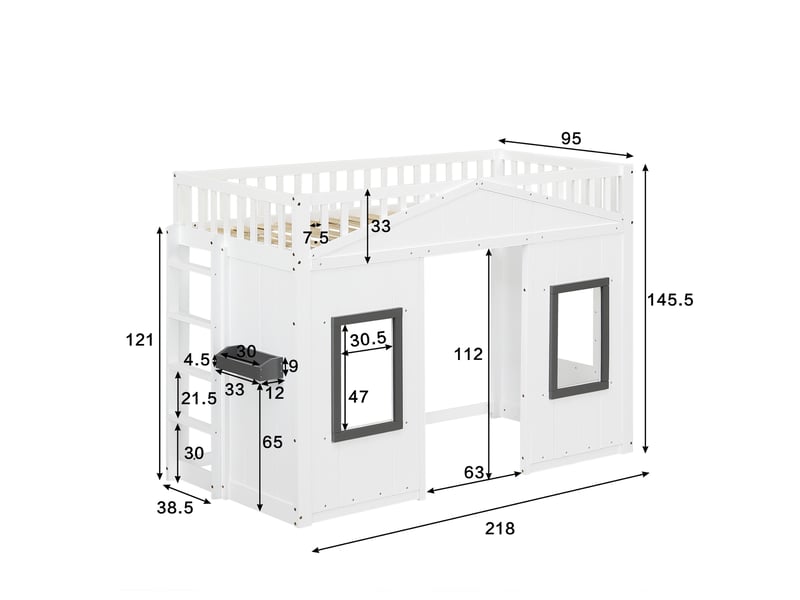Lit mezzanine 90x200 cm, lit enfant avec escalier et barrières de sécurité, espace de jeu et étagère de rangement, bois de pin et mdf, blanc - Conforama E