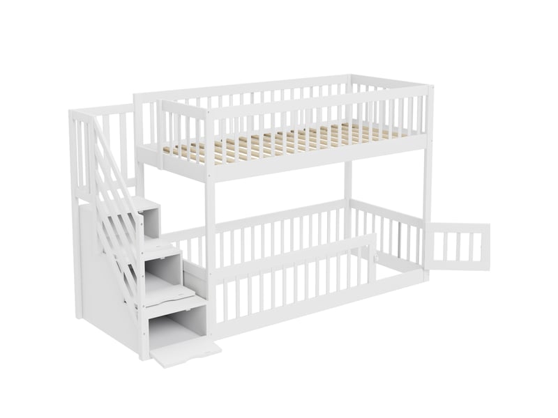  Elvmi lit superposé enfant 90x200 cm en bois massif avec escalier de rangement, tiroirs intégrés et porte ouvrante, blanc, pour chambre d'enfant multifonction  - Conforama A