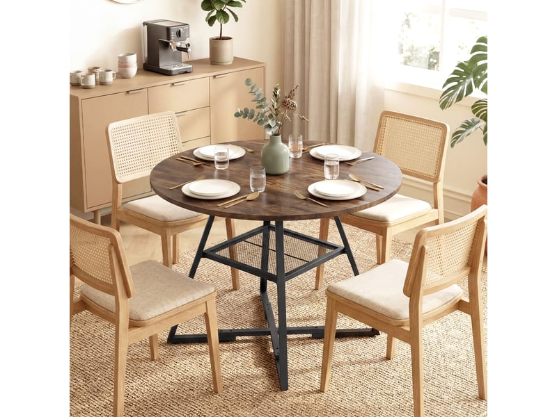  Table à manger ronde pour 4 personnes, 100 cm, style industriel, avec étagère, plateau aspect bois, marron rustique  - Conforama D