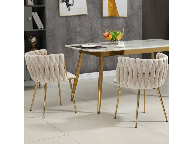 Chaise de salle à manger rembourrée avec dossier tissé et pieds métalliques dorés en velours ivoire - Conforama C