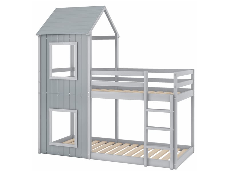  Lit superposé 90 x 200 cm, lit enfant, lit cabane pour filles et garçons, avec échelle et baldaquin, du sol au plafond, en bois massif, gris  - Conforama D