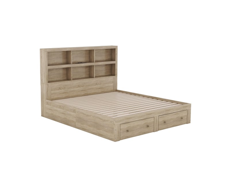  Lit 160x200 cm chêne avec tête de lit rangement et 2 tiroirs  - Conforama A
