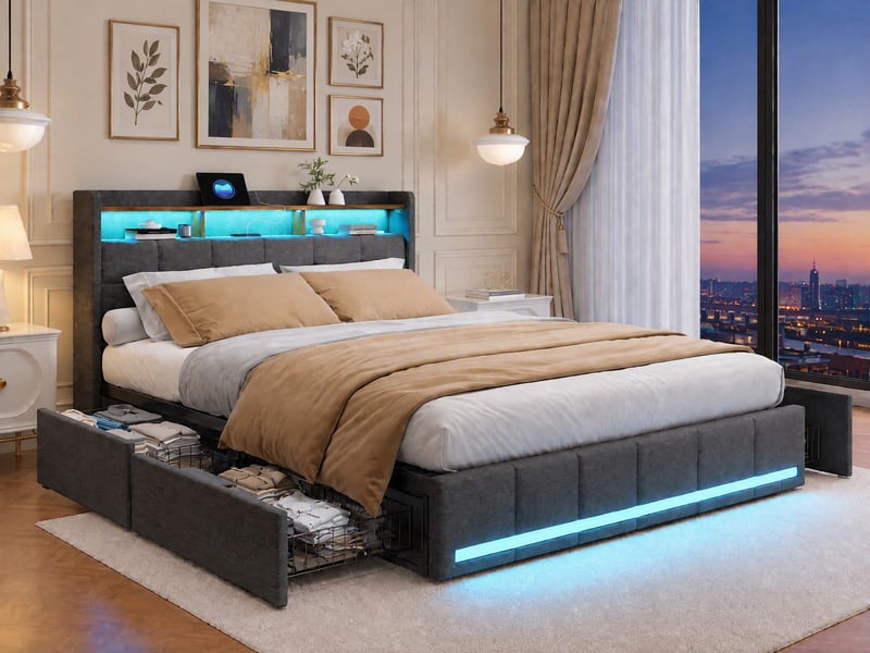  Lit double rembourré 160x200 cm avec éclairage led, lit 2 place avec 4 tiroirs et usb, sommier à lattes en bois  - Conforama W