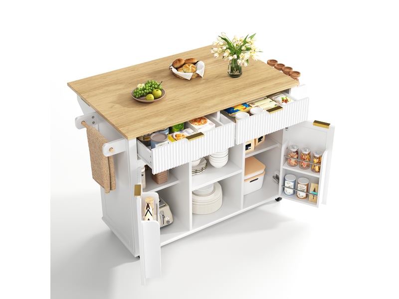 Desserte de cuisine 143 x 45 cm blanc et naturel en mdf, plan de travail rabattable sur roulettes - Conforama A