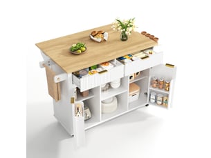 Desserte de cuisine 143 x 45 cm blanc et naturel en mdf, plan de travail rabattable sur roulettes