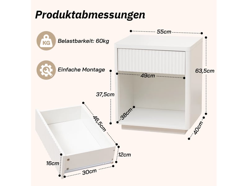  Table de chevet tcqpz lot de 2 55 x 40 x 63,5 cm avec tiroir et niche ouverte mdf blanc  - Conforama C