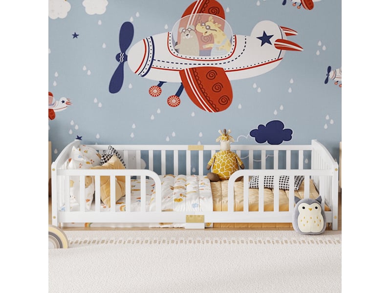  Lit au sol enfant 90x200 cm en pin blanc avec barrières de sécurité  - Conforama D