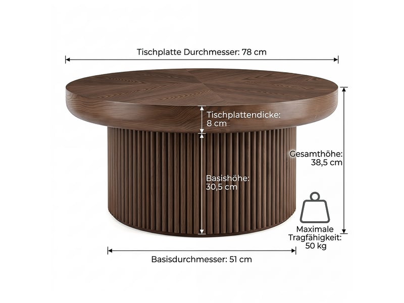  Table basse ronde ø78x38,5 cm plateau marqueterie bois, base cylindrique cannelée, plateau épais, design moderne, bois foncé  - Conforama C