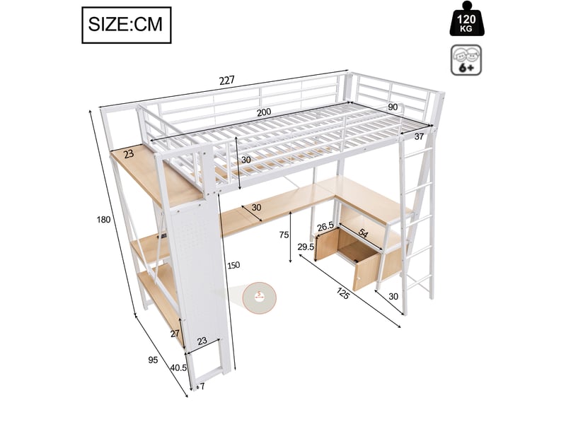 Lit mezzanine 90x200 cm avec bureau, led, rangements et usb blanc  - Conforama C