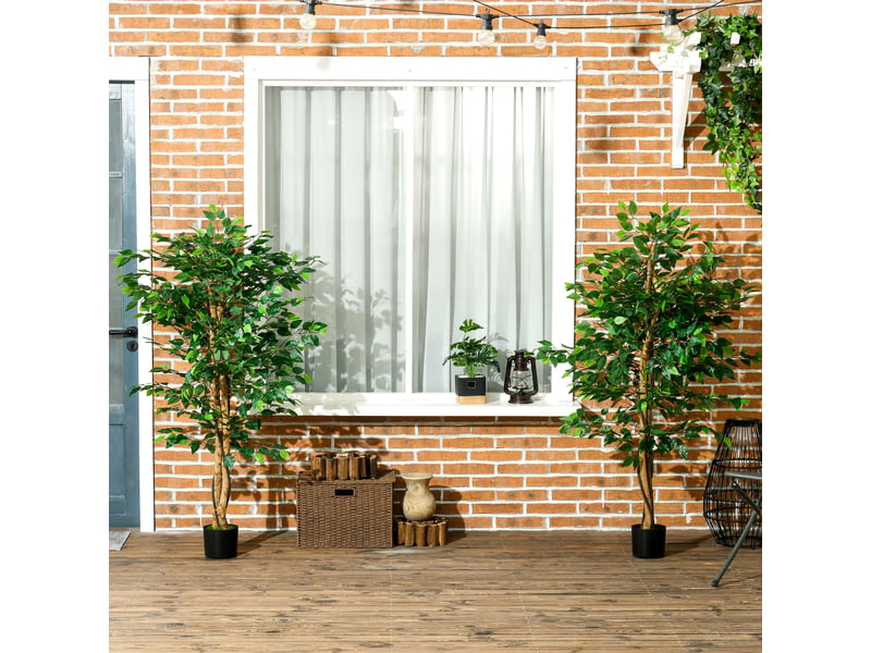  Lot de 2 plantes artificielles ficus hauteur 1,50 m tronc branches liane lichen feuilles grand réalisme pot inclus vert  - Conforama R