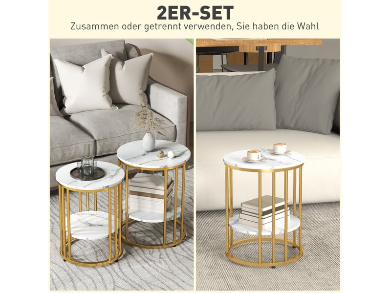 Lot de 2 table basse gigogne rondes blanches effet marbre, rangement ouvert, pieds métal doré, style élégant - Conforama D