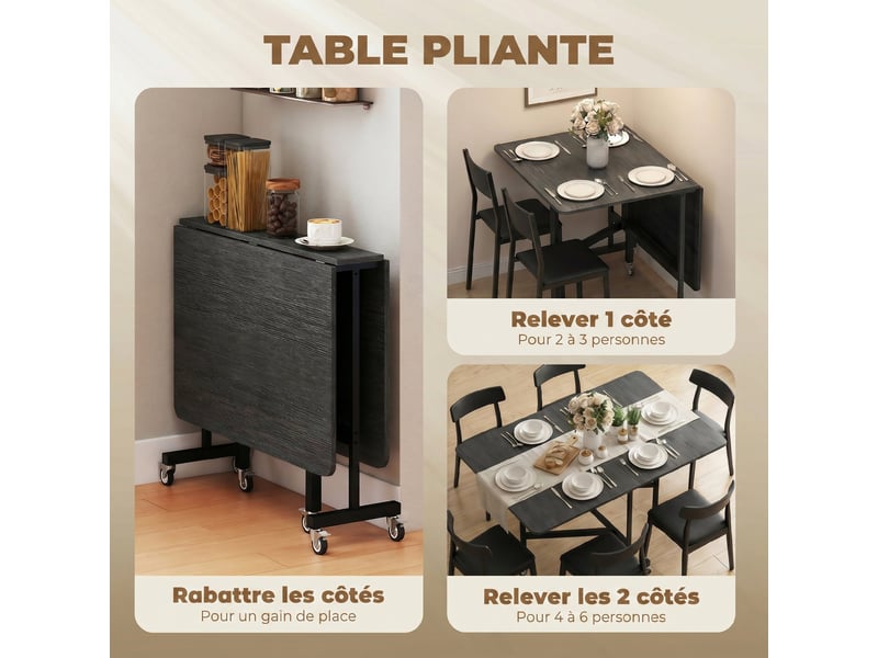  Table à manger pliante sur roulettes pour 4-6 personnes 120 cm, roues avec freins, 2 abattants, industriel, noir  - Conforama E