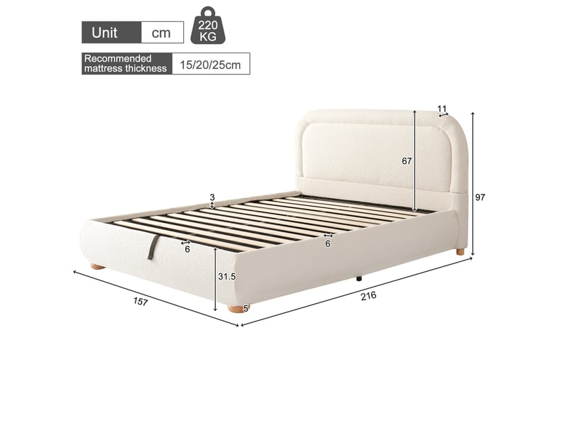  Lit coffre 2 places 140x200 cm avec sommier à lattes bouclé beige  - Conforama C