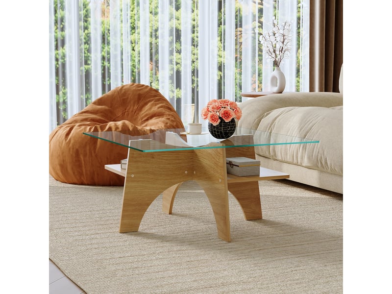  Table basse carrée avec plateau en verre de sécurité et étagère, structure en mdf, salon, 80 × 80 × 40 cm - uvrion  - Conforama B