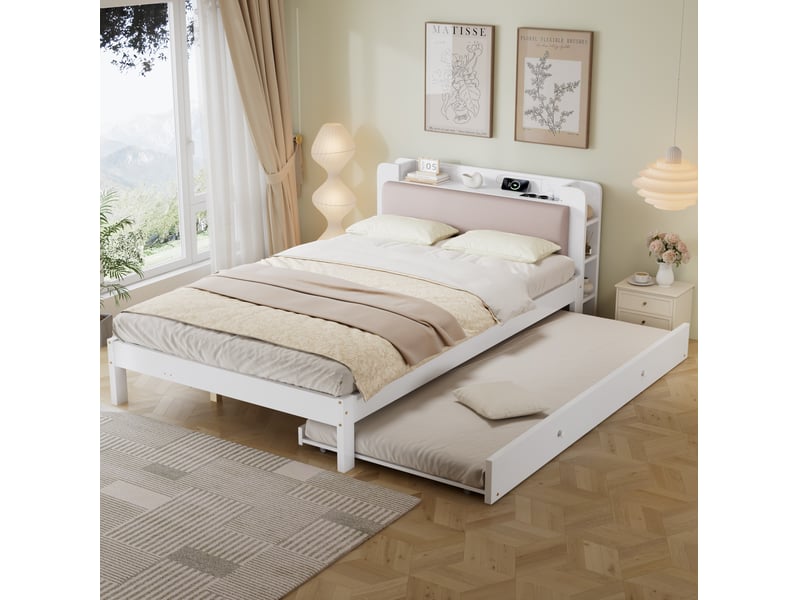 Lit fonctionnel 120x200 cm blanc avec lit gigogne 90x190 cm et tête de lit  - Conforama B