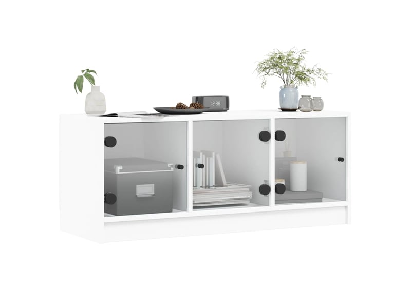  Meuble tv - banc tv - meuble de rangement avec portes en verre blanc 102x37x42 cm  - Conforama D