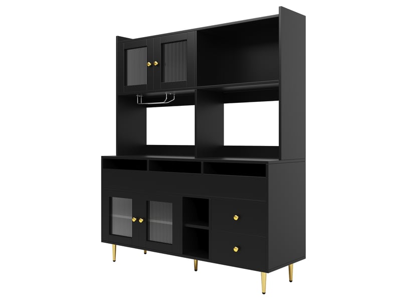 Buffet haut 145x39x171 cm noir mdf, portes vitrées, range-vaisselle et bouteilles - Conforama D