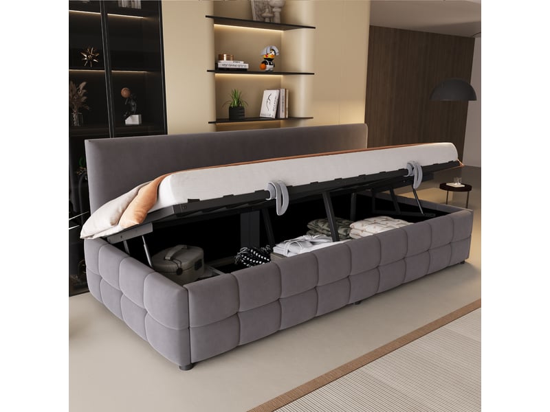 Lit coffre enfant 90x200 cm canapé-lit avec rangement, velours, gris foncé, sans matelas - Conforama W