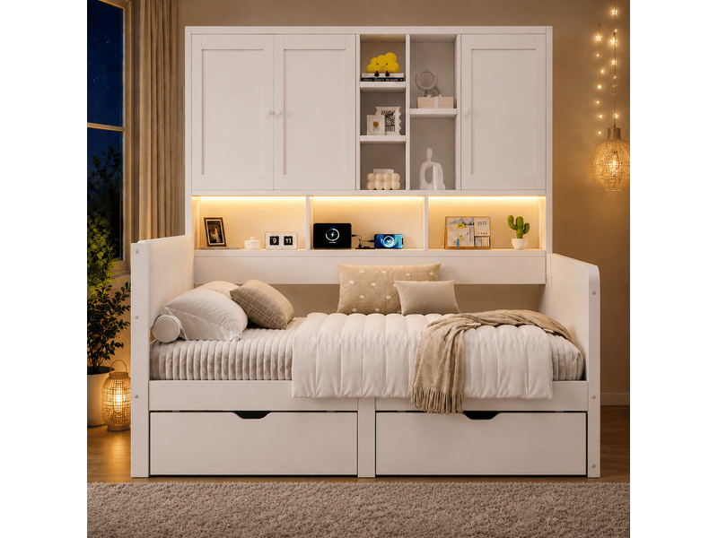 Lit enfant 90 × 200 cm 1 place avec led, usb, usb-c, prise, étagères, placards et 2 tiroirs, sans matelas, blanc - Conforama C