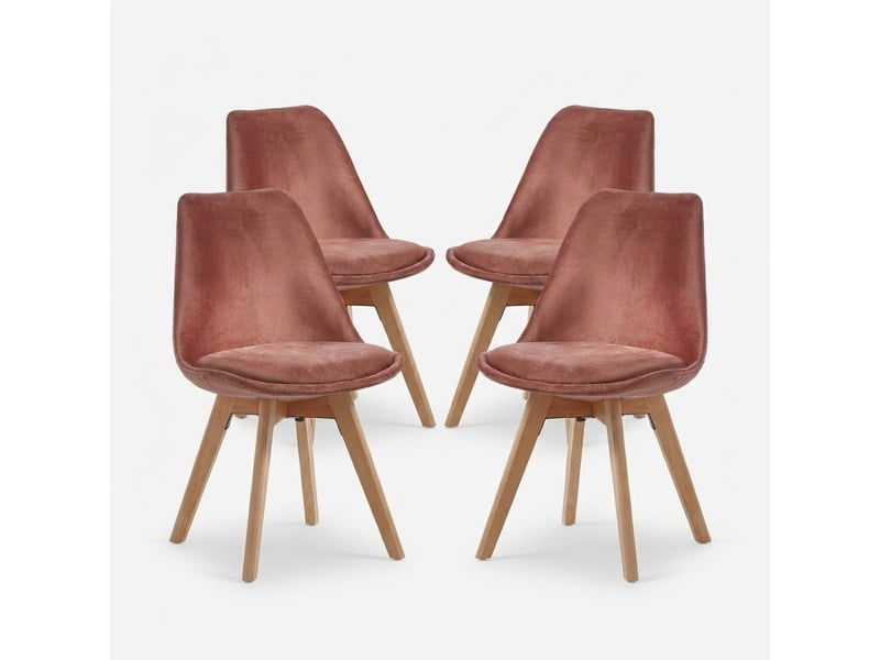  Lot de 4 chaises capitonnées en velours avec pieds en bois layla - rose  - Conforama A