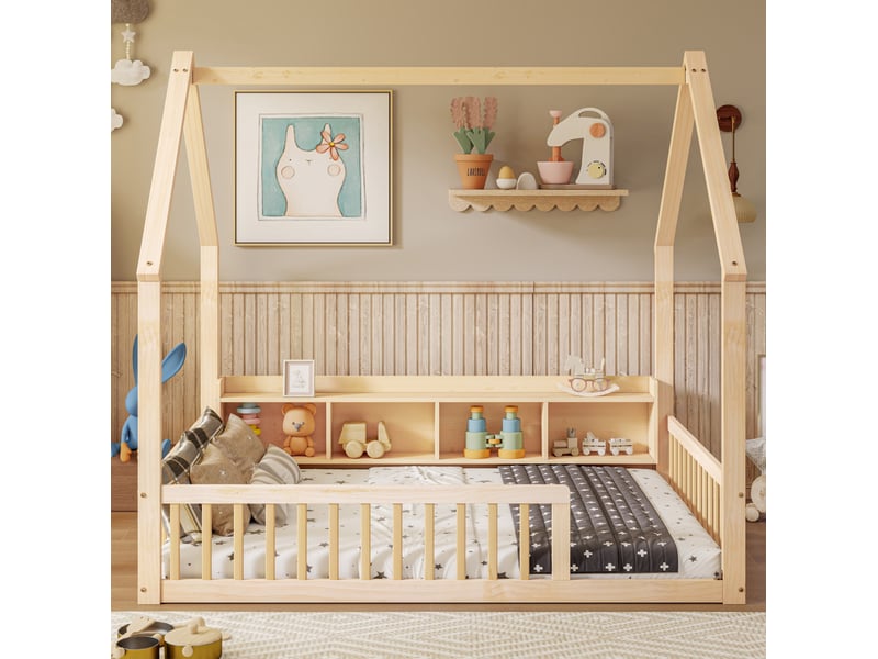  Lit cabane au sol enfant 140x200 cm en pin naturel avec barrières et rangements  - Conforama D