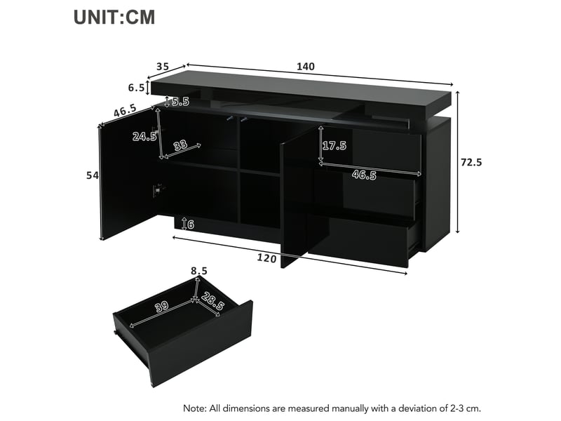  Buffet bas modenvie led rgb 140 x 35 x 72,5 cm 2 portes 3 tiroirs noir  - Conforama C