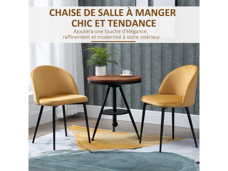  Lot de 2 chaises salle à manger chaise de cuisine scandinave chaise en velours rembourrée avec pieds effilés en métal, pour salon, jaune, salle à manger  - Conforama A