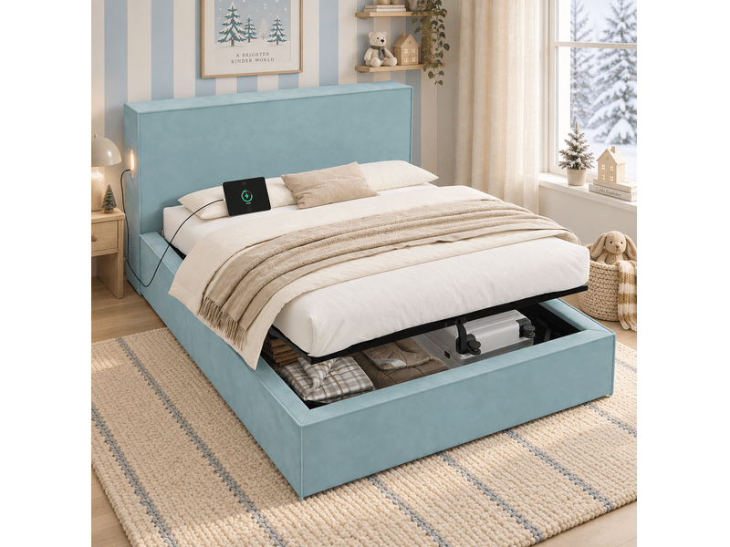  Lit enfant coffre 140x200 cm avec sommier et ouverture hydraulique, bleu, sans matelas  - Conforama D