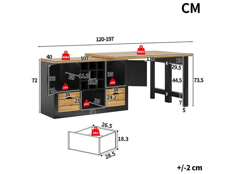Buffet de cuisine modenvie extensible 120-197 x 40 x 72 cm pivotant 360° mdf noir - Conforama C
