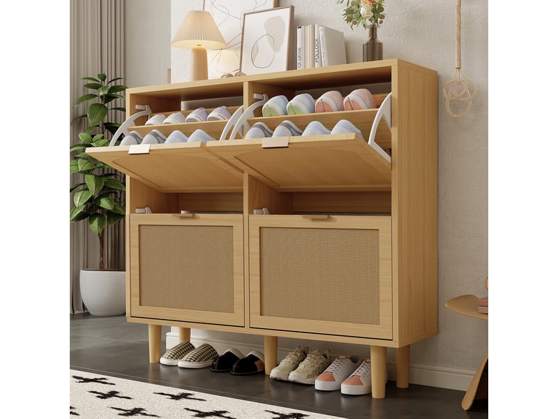  Meuble à chaussures 16 paires l100xp25xh90cm | 4 portes abattantes en cannage rotin et bois | style bohème gain de place - chêne DreamMespace - Conforama B