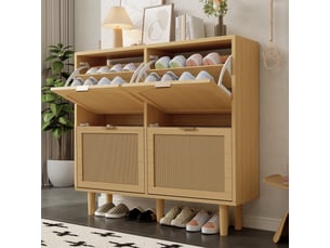 Meuble à chaussures 16 paires l100xp25xh90cm | 4 portes abattantes en cannage rotin et bois | style bohème gain de place - chêne