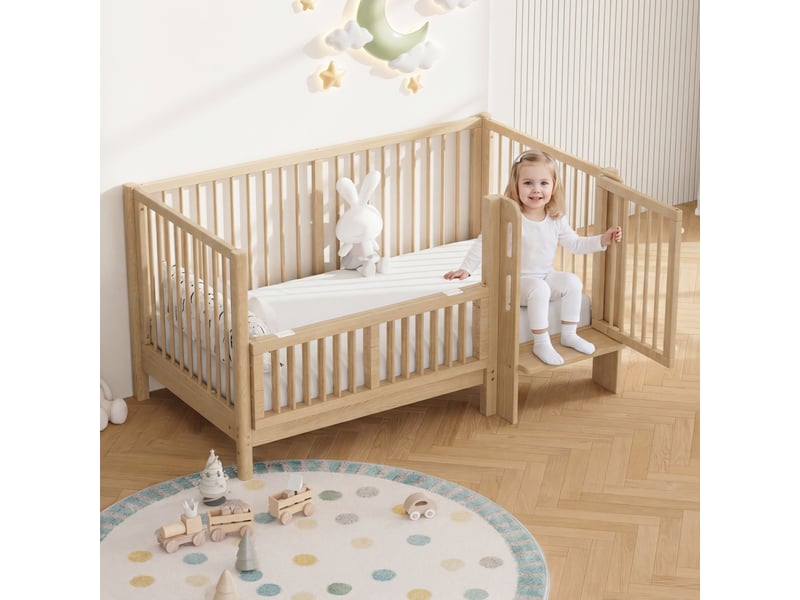  Lit bébé évolutif 140x70 cm lit cododo pin massif naturel avec barrière de sécurité et marchepied intégré  - Conforama R