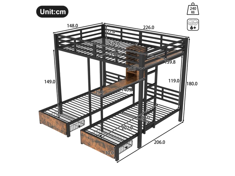  Modenvie lit superposé 3 places 140x200 cm + 90x200 cm - avec rangements, 2 tiroirs - sans matelas - noir  - Conforama C