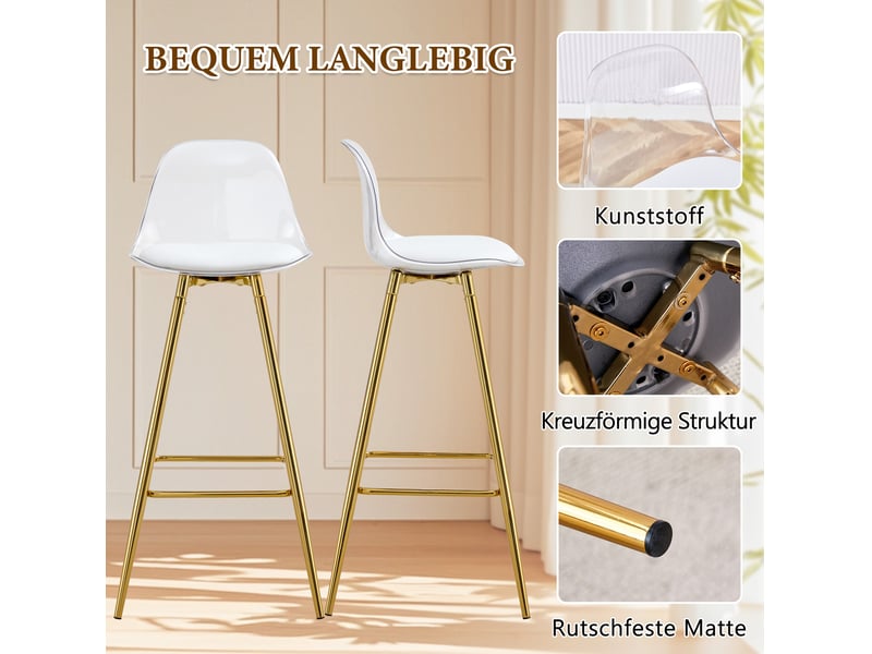  Lot de 2 tabourets de bar, chaise de bar, chaise haute cuisine, dossier transparent, moderne, métal, or et transparent  - Conforama D