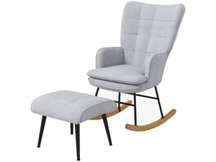 Fauteuil à bascule avec repose-pieds, design scandinave, bois de hêtre, matelassé, 64 cm x 89 cm x 90 cm, gris