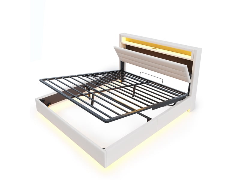  Lit adulte 160x200cm,lit coffre en lin avec lumière led,prise usb,tête de lit réversible et pieds cachés,beige lit adulte beige - Conforama E