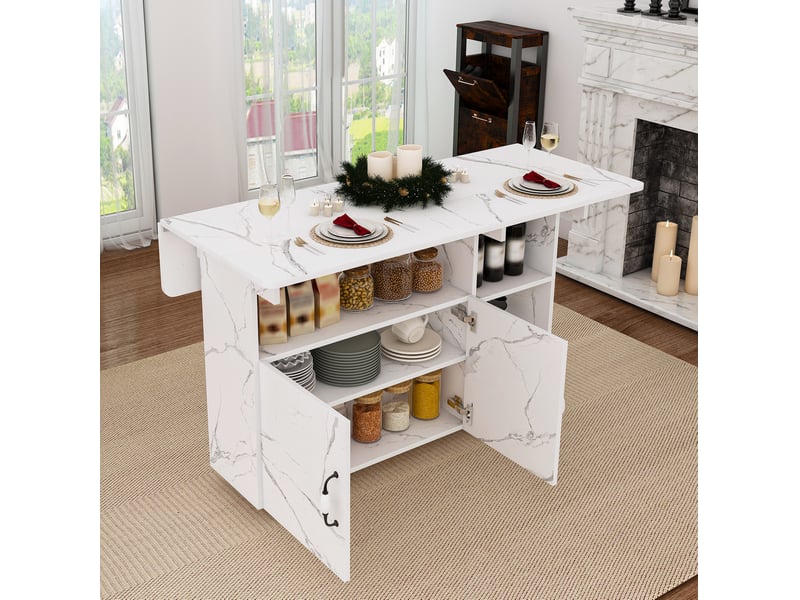 Table à manger mobile pliante 110 x 70 x 80 cm, rangement, roulettes, blanc effet marbre - Conforama E