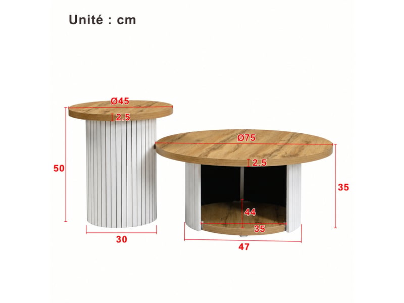  Ensemble de 2 tables basses rondes en mdf effet bois naturel avec rangement, ø 75 et 45 cm  - Conforama C
