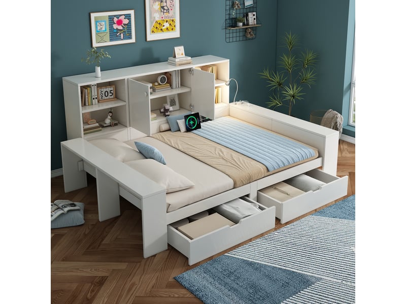  Modenvie lit avec rangement 140x200 cm - ports usb et usb-c, tiroirs et rangements - sans matelas - blanc  - Conforama B
