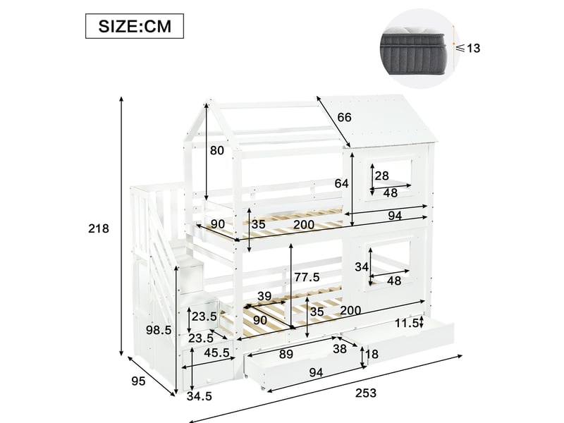  Lit superposé enfant 90 x 200 cm avec rangements et tiroir à roulettes, blanc  - Conforama C